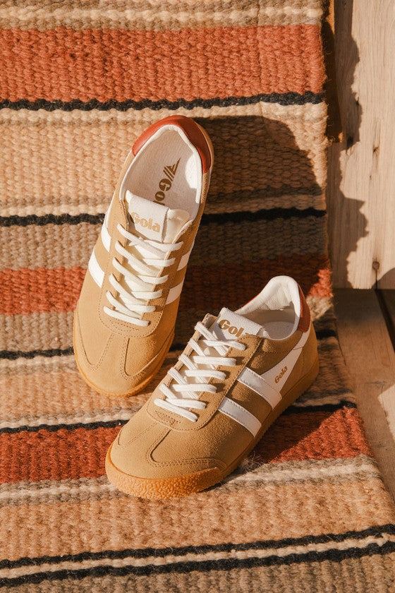 Elan Tobacco and White Color Block Suede Leather Sneakers