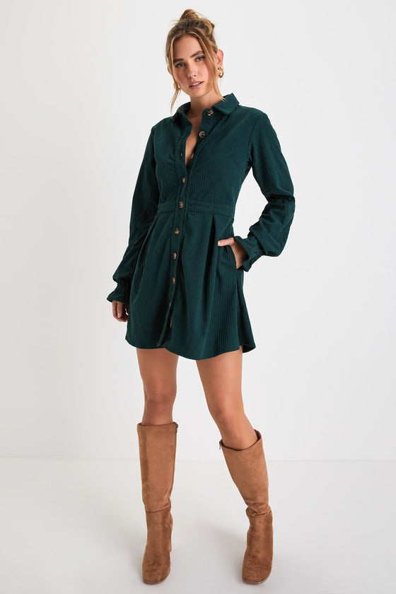 Autumn Mood Rust Red Corduroy Mini Dress With Pockets