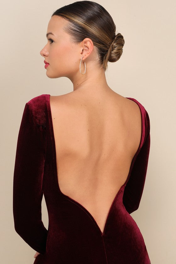 Va Va Voom Royal Blue Velvet Backless Long Sleeve Midi Dress #Color_Burgundy