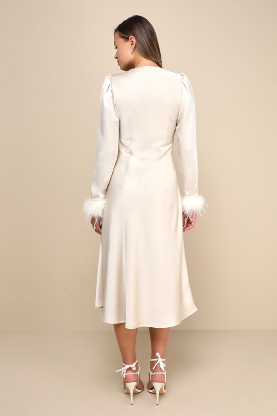 Precious Aura Champagne Satin Feather Long Sleeve Midi Dress #Color_Champagne