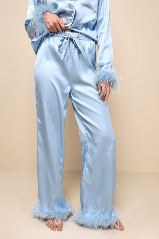 Dreamiest Delight White Satin Feather Two-Piece Pajama Set