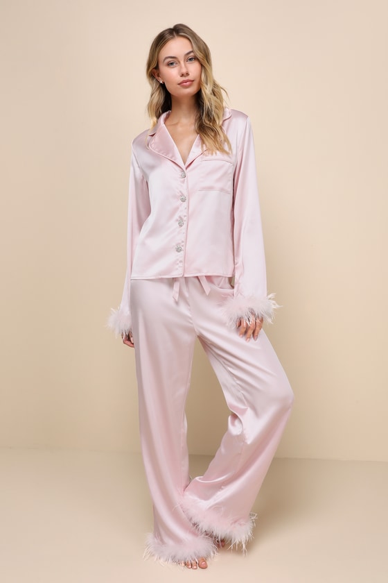 Dreamiest Delight White Satin Feather Two-Piece Pajama Set #Color_Light Pink