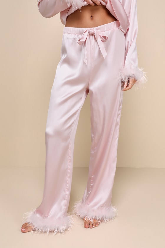 Dreamiest Delight White Satin Feather Two-Piece Pajama Set