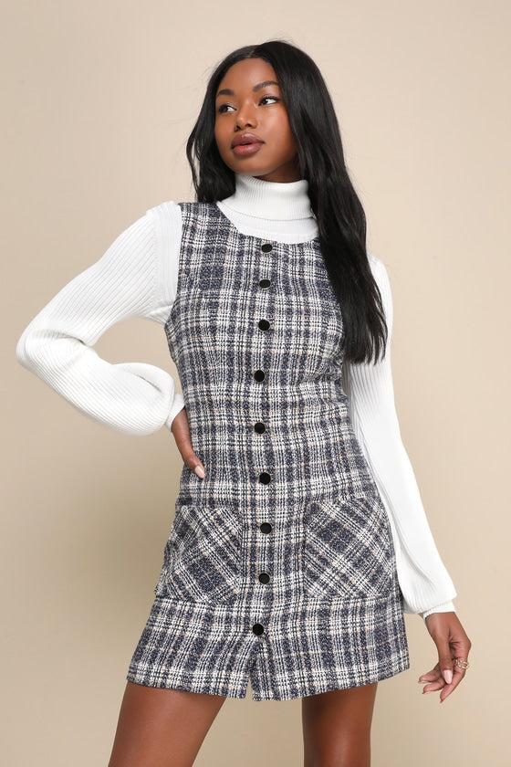 Posh Arrival Navy Blue Multi Plaid Tweed Mini Dress