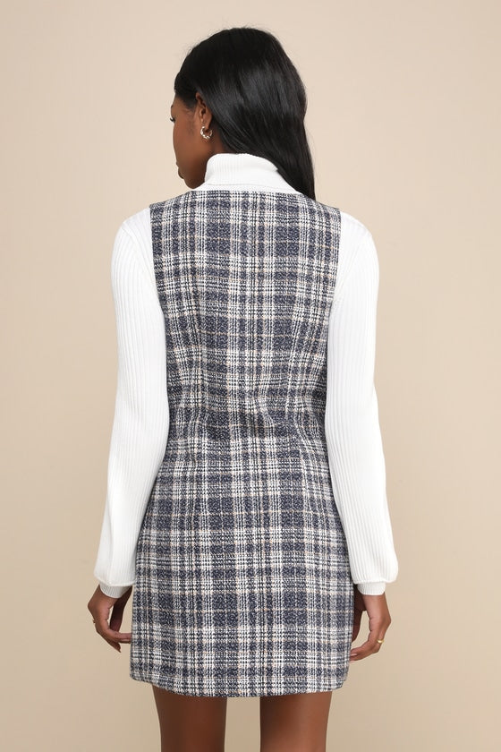 Posh Arrival Navy Blue Multi Plaid Tweed Mini Dress