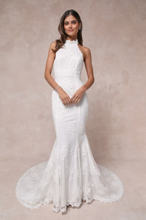 Dreamy Glamour White Embroidered Halter Mermaid Maxi Dress #Color_White