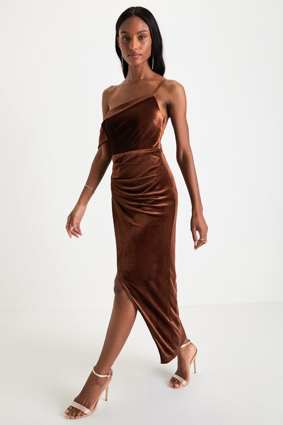 Showing Off a Little Brown Velvet Asymmetrical Tulip Midi Dress #Color_Brown