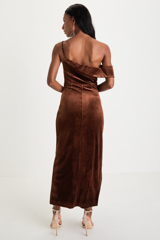 Showing Off a Little Brown Velvet Asymmetrical Tulip Midi Dress