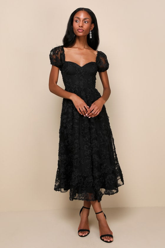 Notable Elegance Black Mesh Floral Applique Bustier Midi Dress #Color_Black