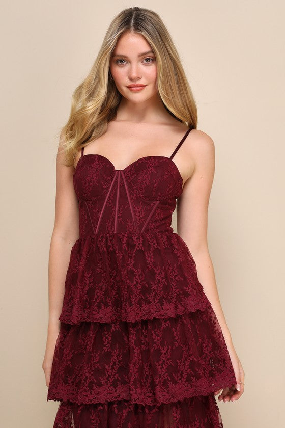Exceptional Persona Wine Red Lace Tiered Bustier Midi Dress #Color_Wine Red