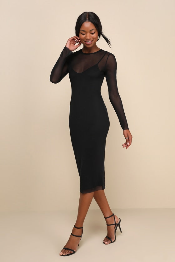 Perfect Plans Light Blue Sheer Mesh Long Sleeve Midi Dress