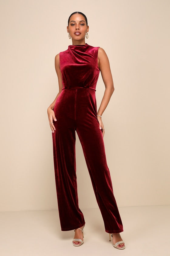 Essential Confidence Wine Red Velvet Mock Neck Jumpsuit #Color_Wine Red