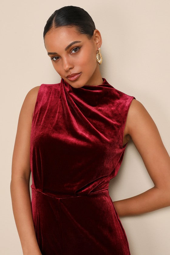 Essential Confidence Wine Red Velvet Mock Neck Jumpsuit #Color_Wine Red