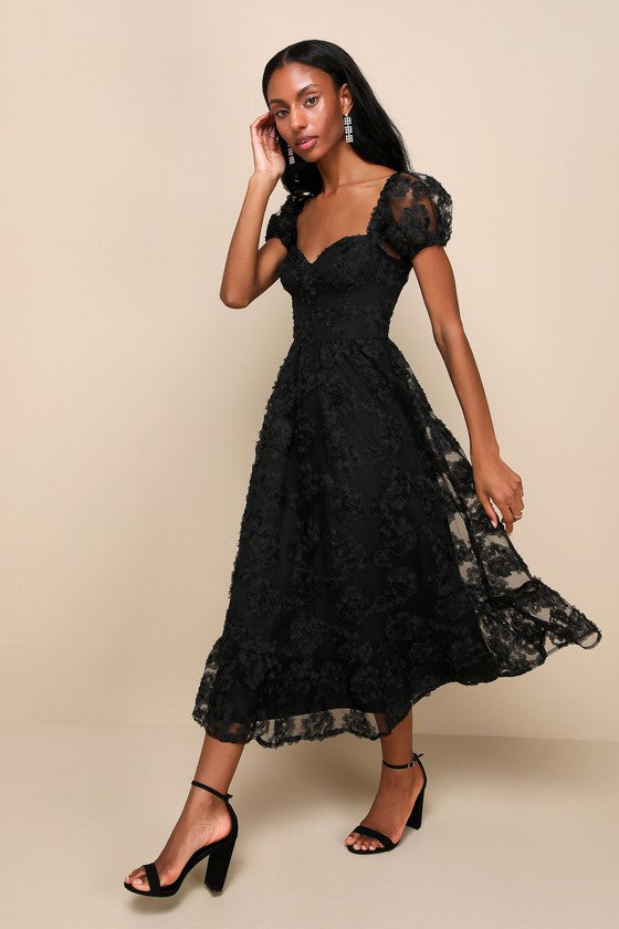 Notable Elegance Black Mesh Floral Applique Bustier Midi Dress #Color_Black