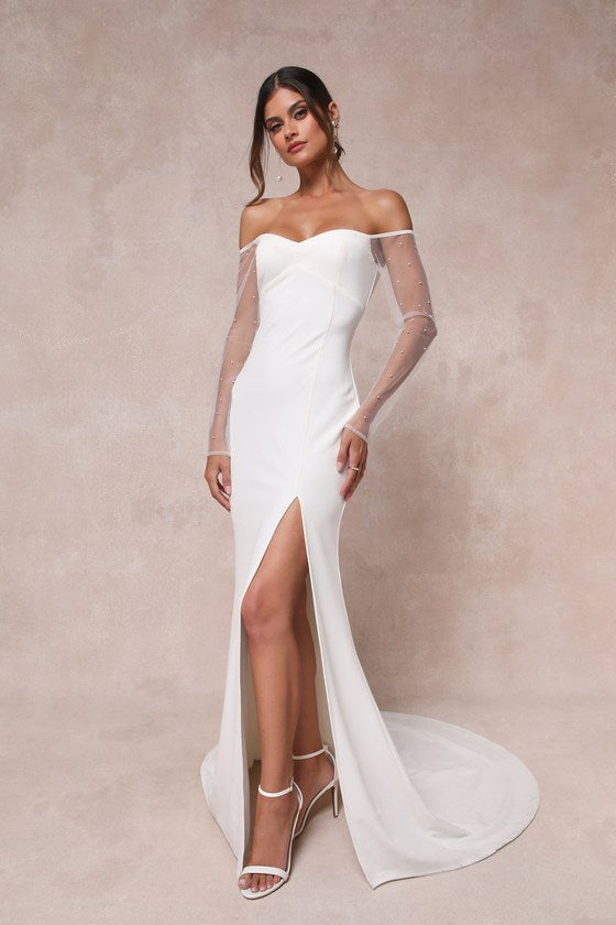 Eternally Beloved White Mesh Off-the-Shoulder Pearl Maxi Dress
