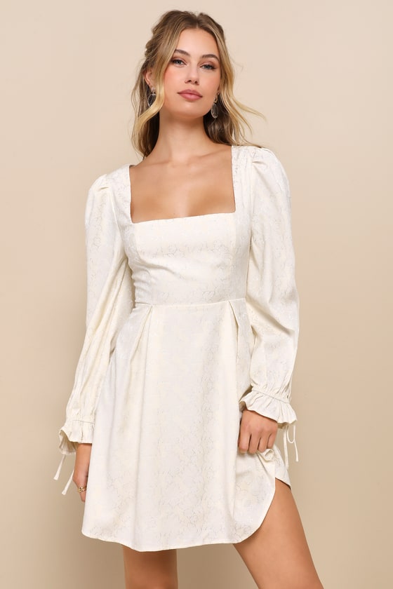 Elegant Adoration Cream Floral Jacquard Long Sleeve Mini Dress #Color_Cream