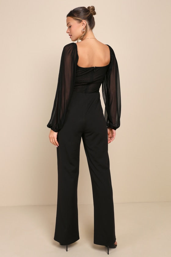 Instant Attraction Black Mesh Lace Long Sleeve Bustier Jumpsuit #Color_Black