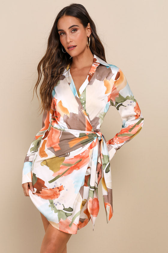 Painterly Perfection Slate Blue Satin Wrap Mini Dress #Color_Ivory Multi Abstract
