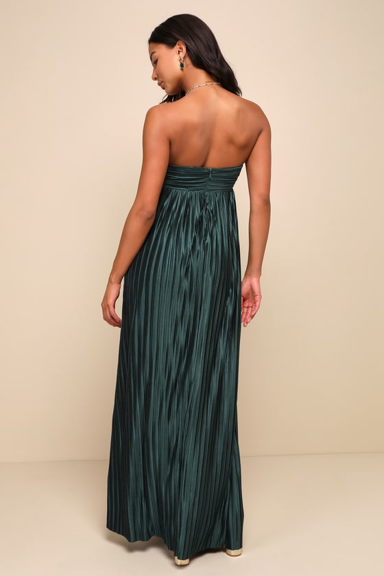 Whimsical Beauty Emerald Green Satin Plisse Strapless Maxi Dress #Color_Emerald Green