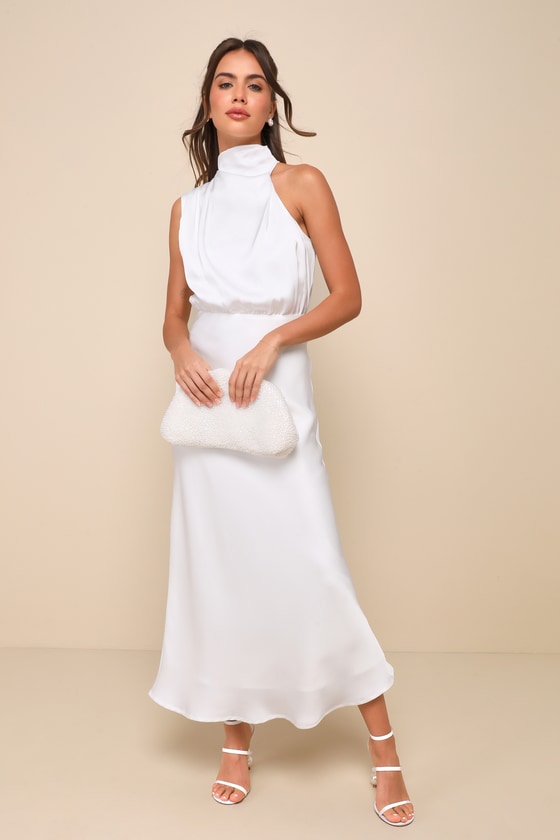 Distinctive Charm Black Satin Asymmetrical Midi Dress #Color_White
