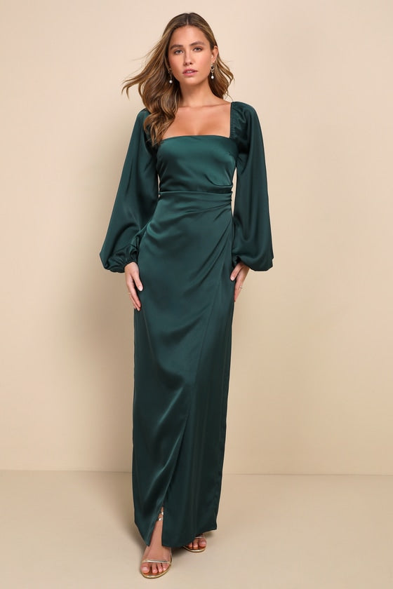 Eternal Heart Champagne Satin Long Sleeve Maxi Dress #Color_Emerald Green