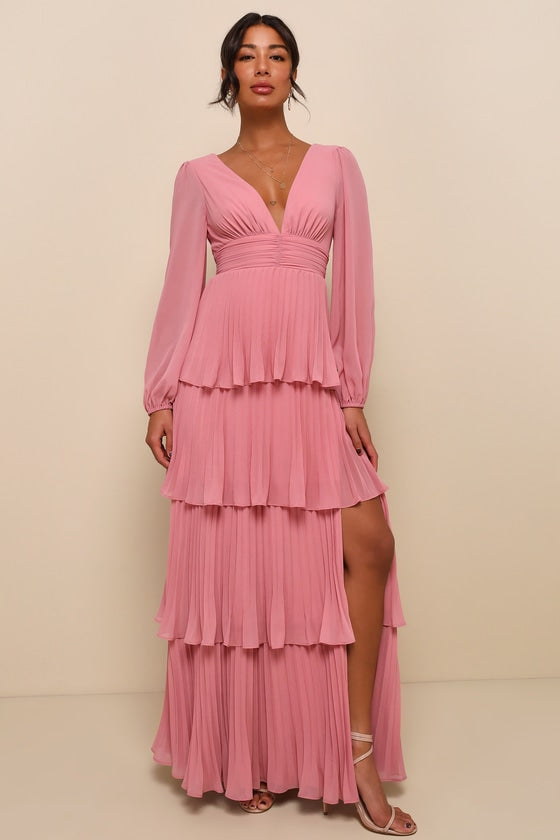 Graceful Finesse Black Pleated Long Sleeve Maxi Dress #Color_Dusty Rose
