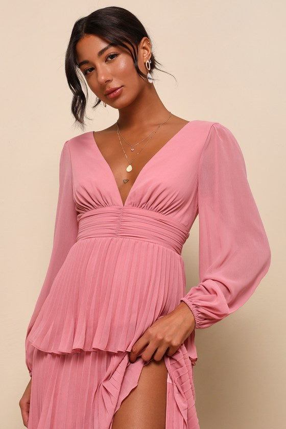 Graceful Finesse Black Pleated Long Sleeve Maxi Dress