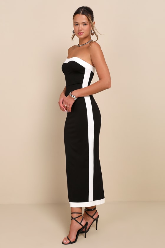 Impressive Edge Black Color Block Strapless Midi Dress #Color_Black Color Block