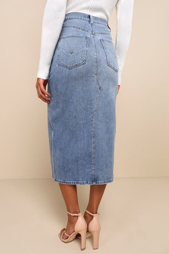 Uniquely Trendsetting Medium Wash High Rise Denim Midi Skirt