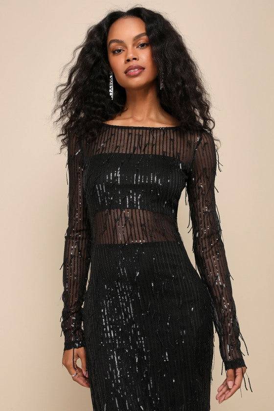 Sheer Fascination Black Sheer Mesh Sequin Fringe Maxi Dress #Color_Black