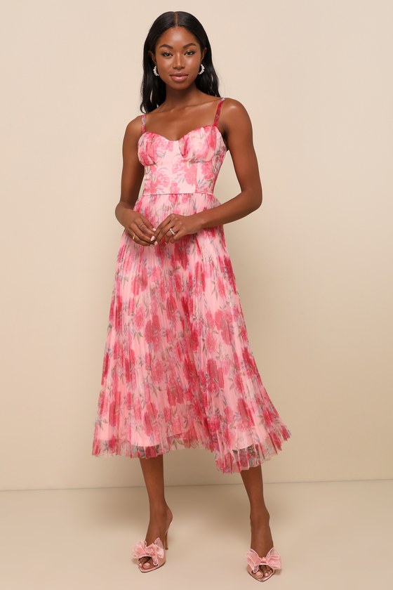 Alluring Invite Midnight Blue Floral Pleated Bustier Midi Dress