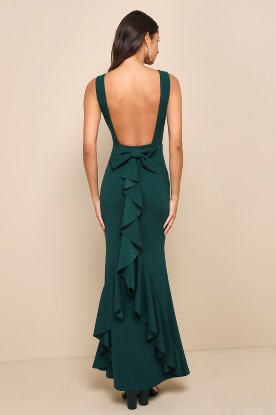 Exquisite Refinement Red Backless Bow Ruffled Maxi Dress