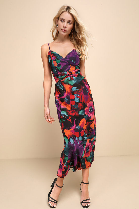 Beautiful Entrance Fuchsia Multi Floral Twist-Front Midi Dress