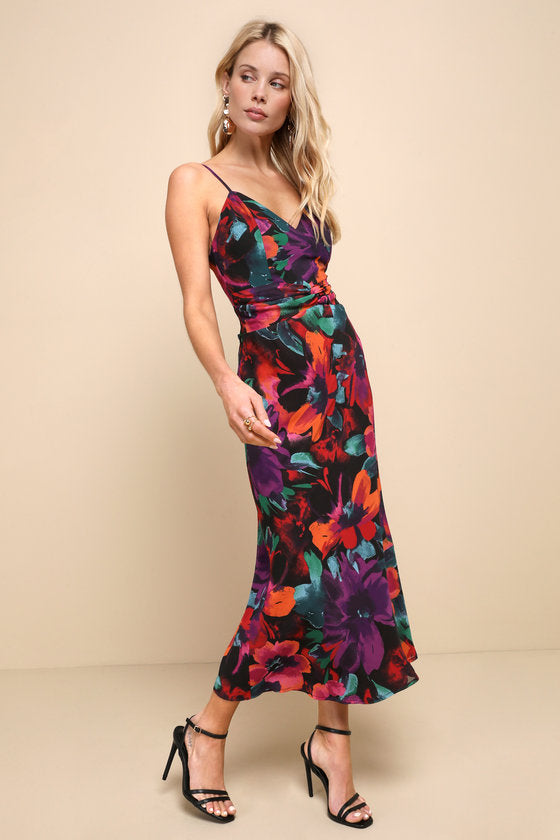 Beautiful Entrance Fuchsia Multi Floral Twist-Front Midi Dress