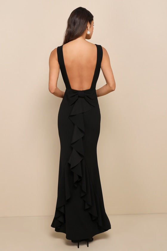 Exquisite Refinement Black Backless Bow Ruffled Maxi Dress #Color_Black