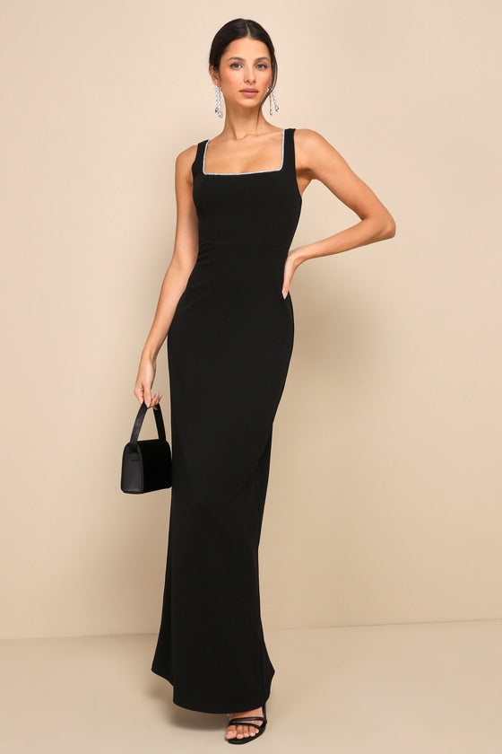 Timeless Poise Black Rhinestone Square Neck Backless Maxi Dress #Color_Black