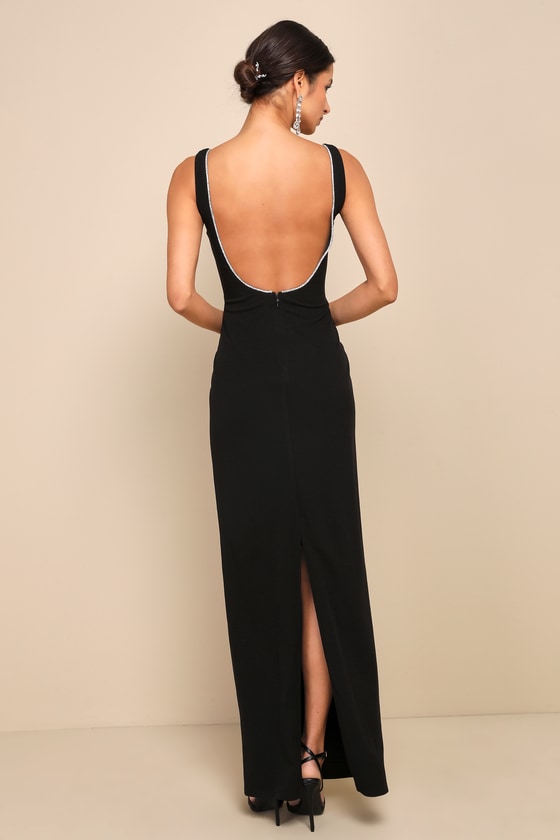 Timeless Poise Black Rhinestone Square Neck Backless Maxi Dress #Color_Black