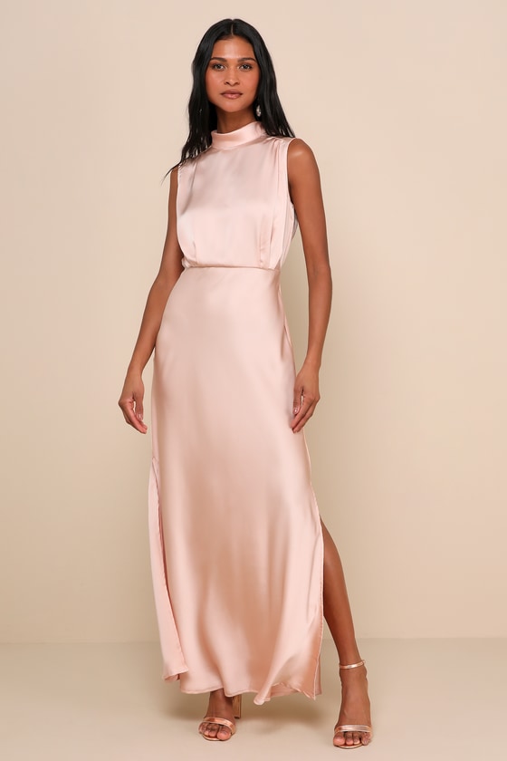 Classic Elegance Olive Satin Sleeveless Mock Neck Maxi Dress