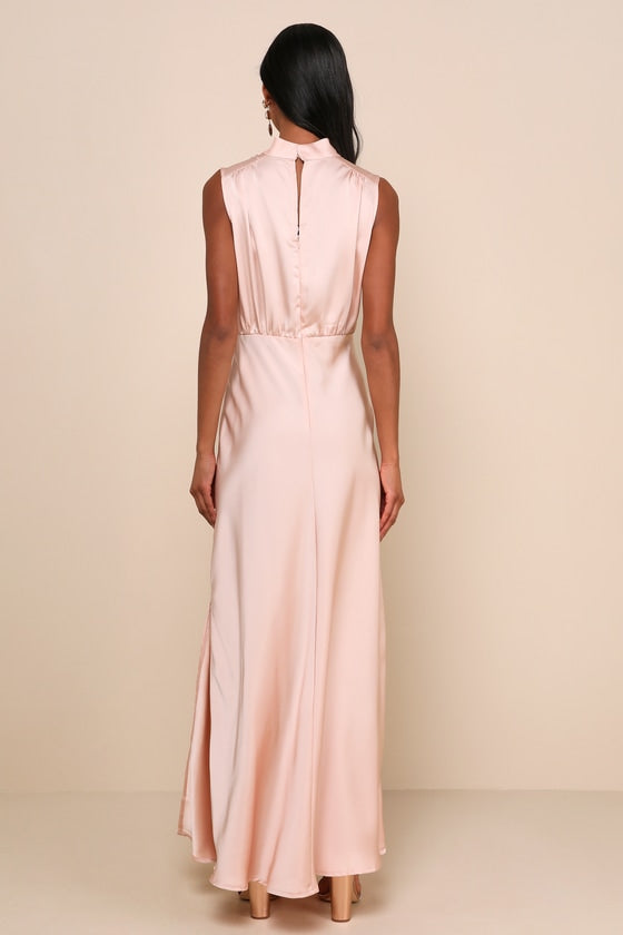 Classic Elegance Navy Satin Sleeveless Mock Neck Maxi Dress