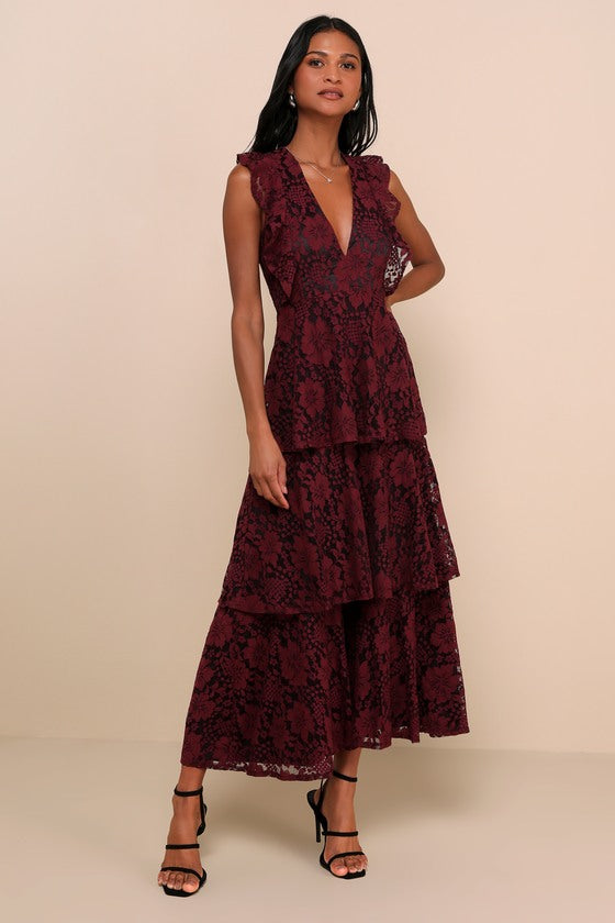 Molinetto Navy Blue Lace Ruffled Tiered Sleeveless Maxi Dress #Color_Burgundy