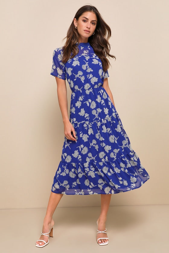 Floral Dressed Up Royal Blue Floral Print Midi Dress #Color_Royal Blue Floral Print