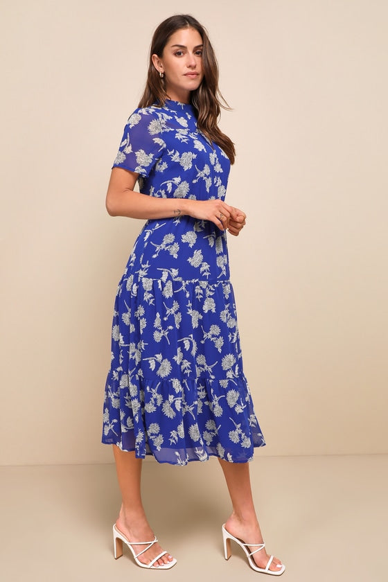 Floral Dressed Up Royal Blue Floral Print Midi Dress #Color_Royal Blue Floral Print