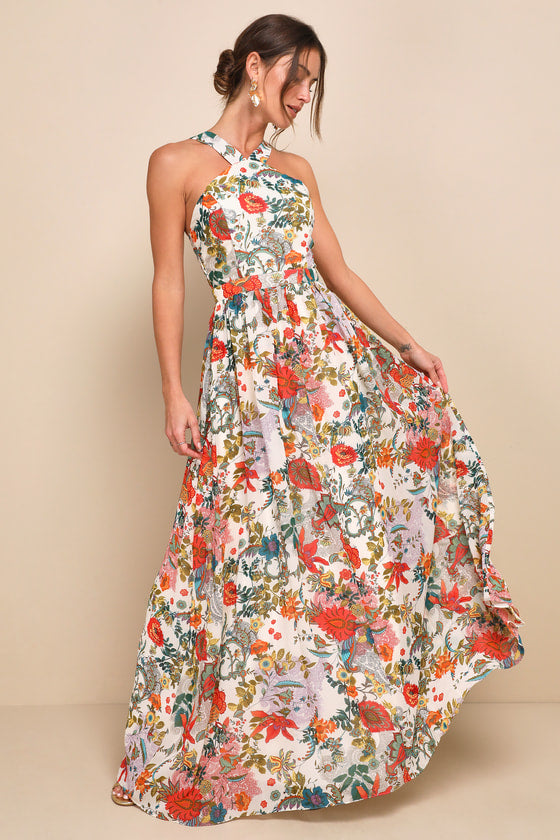 Lilja Blue Floral Print Maxi Dress #Color_Cream Floral Print