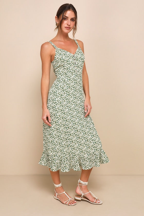 Darling Daisies Green Floral Print Midi Dress #Color_Green Floral Print