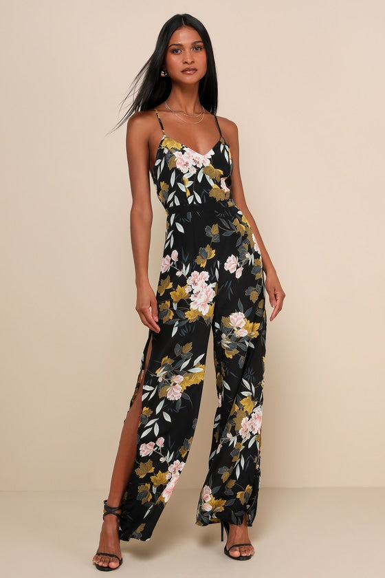 Beautiful Blooms Black Floral Print Wide-Leg Jumpsuit #Color_Black Floral Print