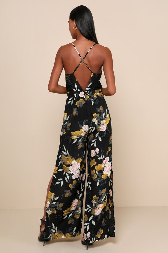 Beautiful Blooms Black Floral Print Wide-Leg Jumpsuit #Color_Black Floral Print