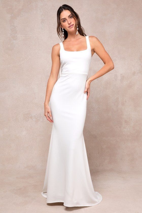 Loving Fate White Bow Square Neck Backless Maxi Dress #Color_White