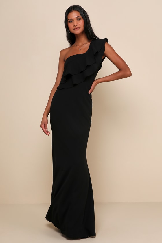 Grand Beauty Black Ruffled One-Shoulder Mermaid Maxi Dress #Color_Black