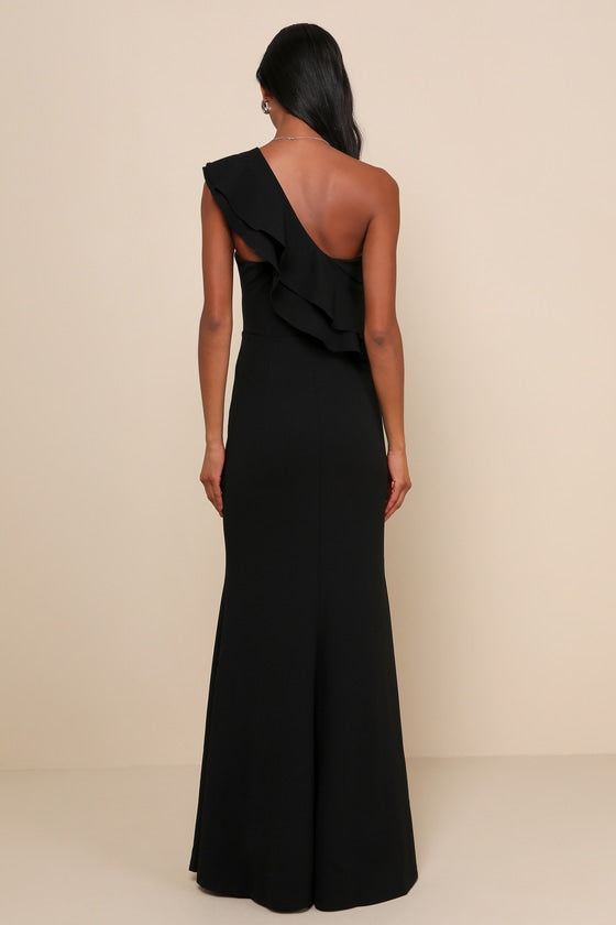 Grand Beauty Black Ruffled One-Shoulder Mermaid Maxi Dress #Color_Black