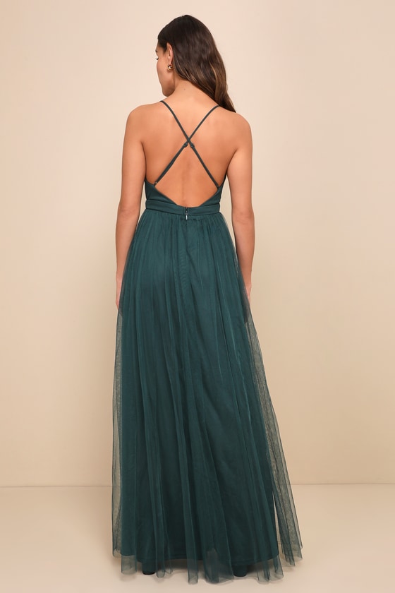 Rare Beauty Hunter Green Tulle Backless Maxi Dress #Color_Hunter Green